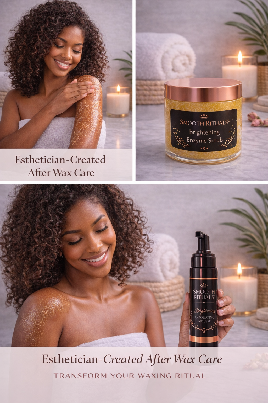 Woman with smooth skin after wax care, holding a skincare product, with candles and towels in the background.