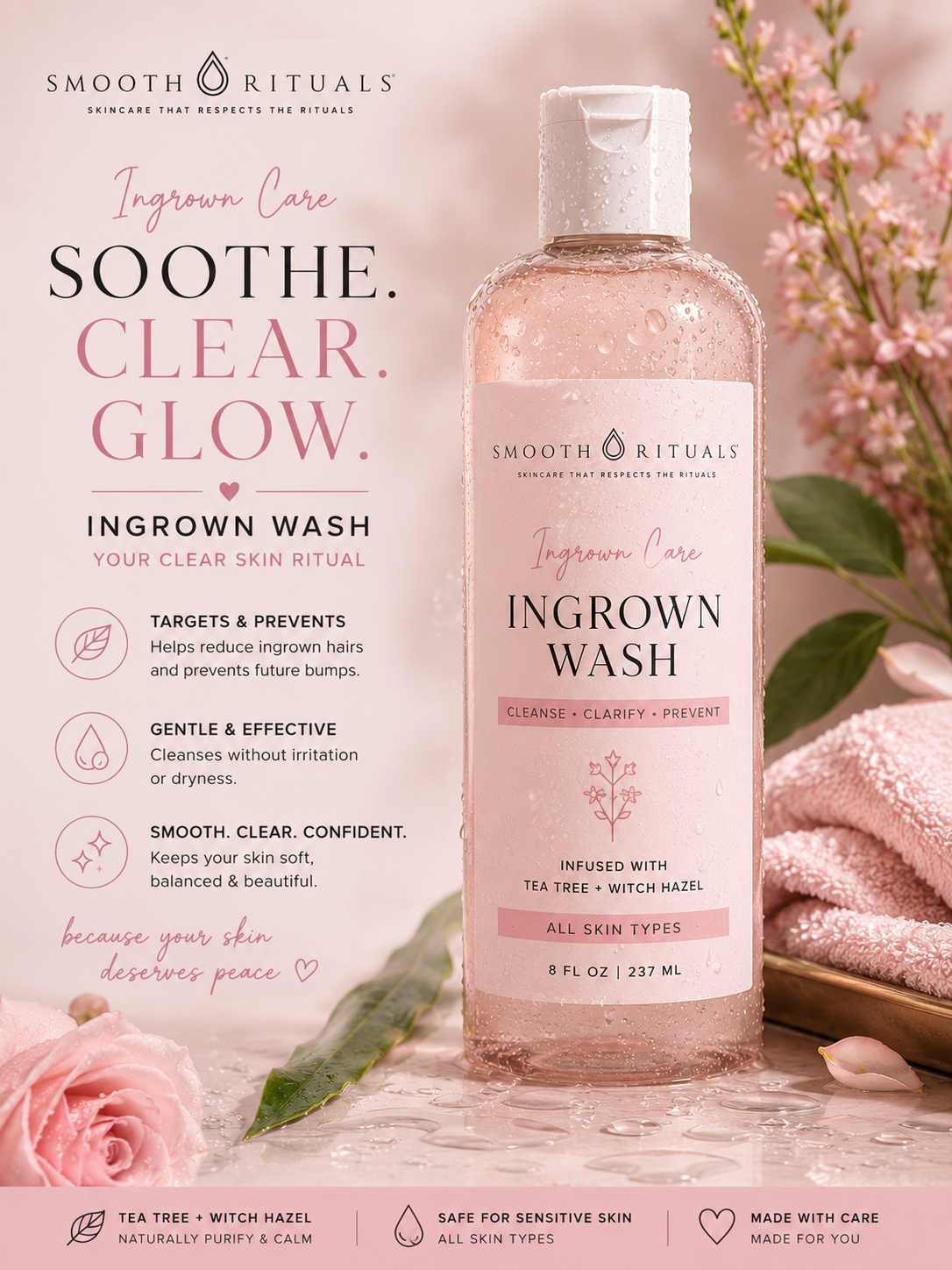 Smooth Rituals Ingrown Wash bottle with product details on a pink background