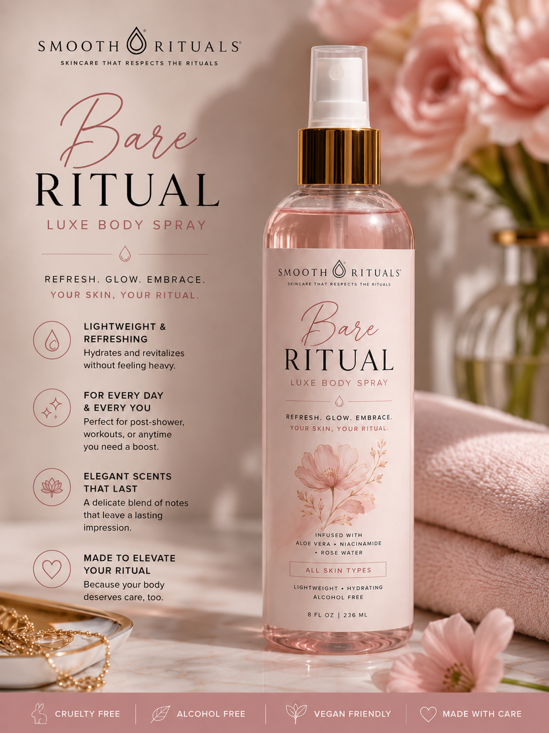Luxury pink body spray bottle by Smooth Rituals featuring Bare Ritual Luxe Body Spray with floral rose aesthetic and hydrating skincare ingredients.