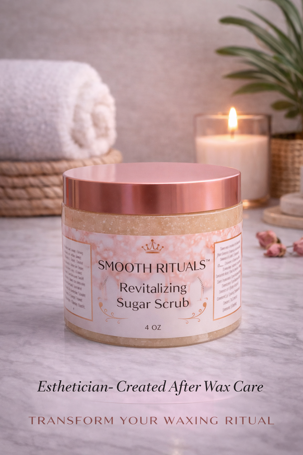 revitalizing sugar scrub for ingrown hair prevention and smooth glowing skin by Smooth Rituals after wax care