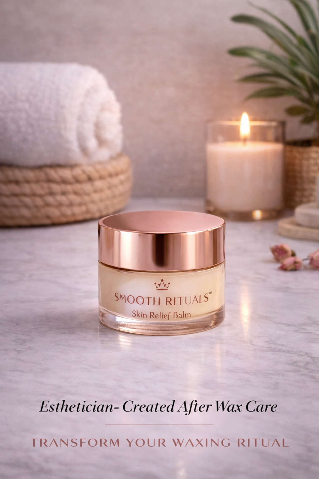 Jar of 'Smooth Rituals' balm on a marble surface with candles and towels in the background