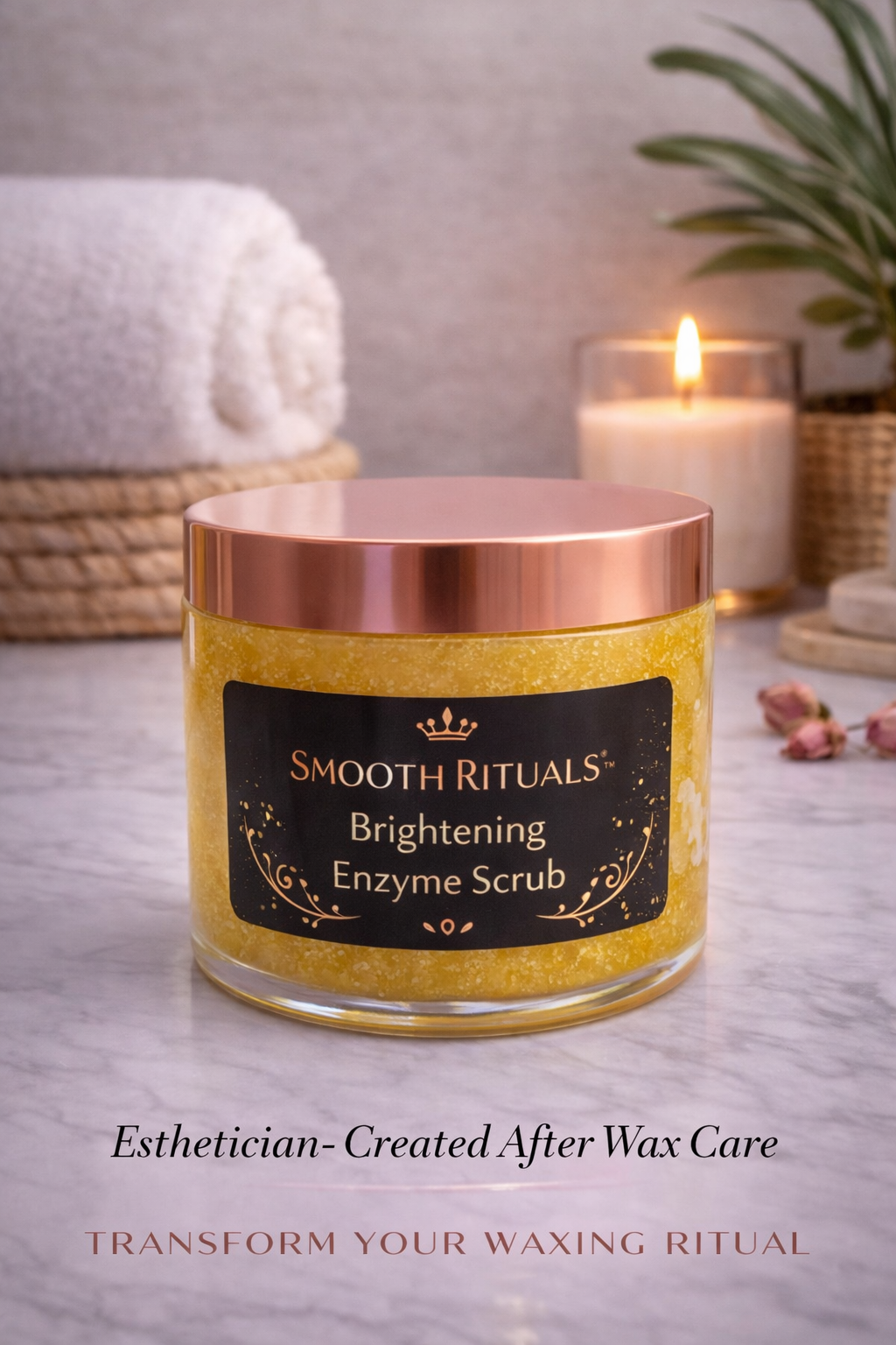 brightening enzyme scrub with kojic acid and turmeric for dark spots and ingrown hair prevention by Smooth Rituals after wax care