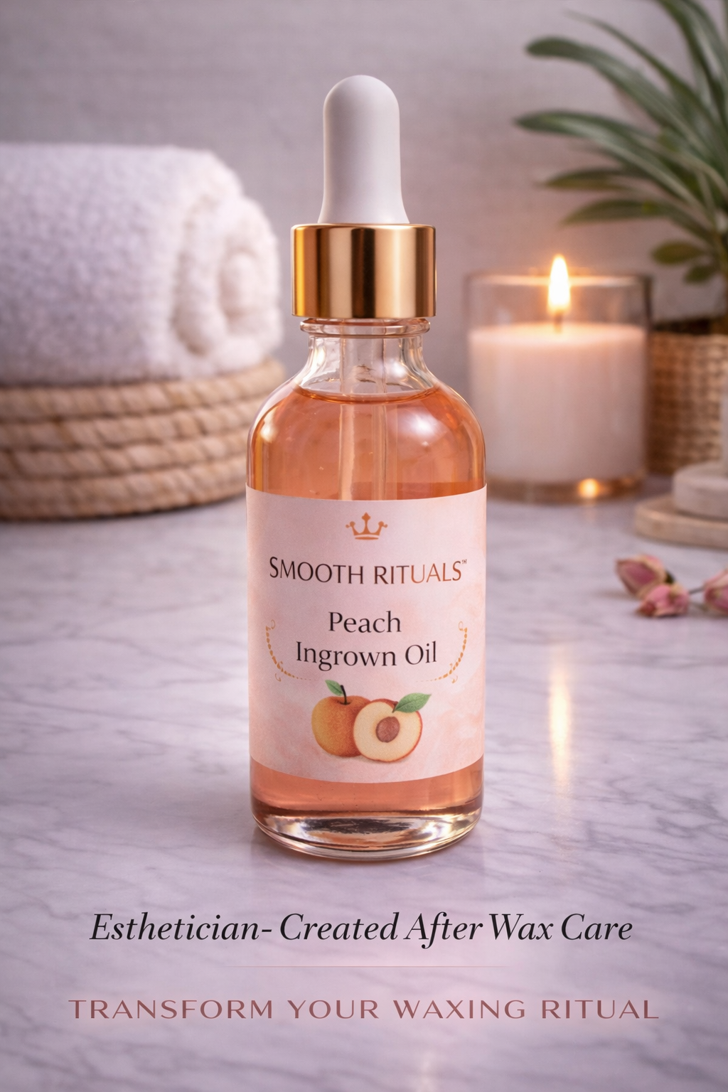 peach ingrown hair oil for bikini area and body to prevent razor bumps and soothe skin after waxing by Smooth Rituals