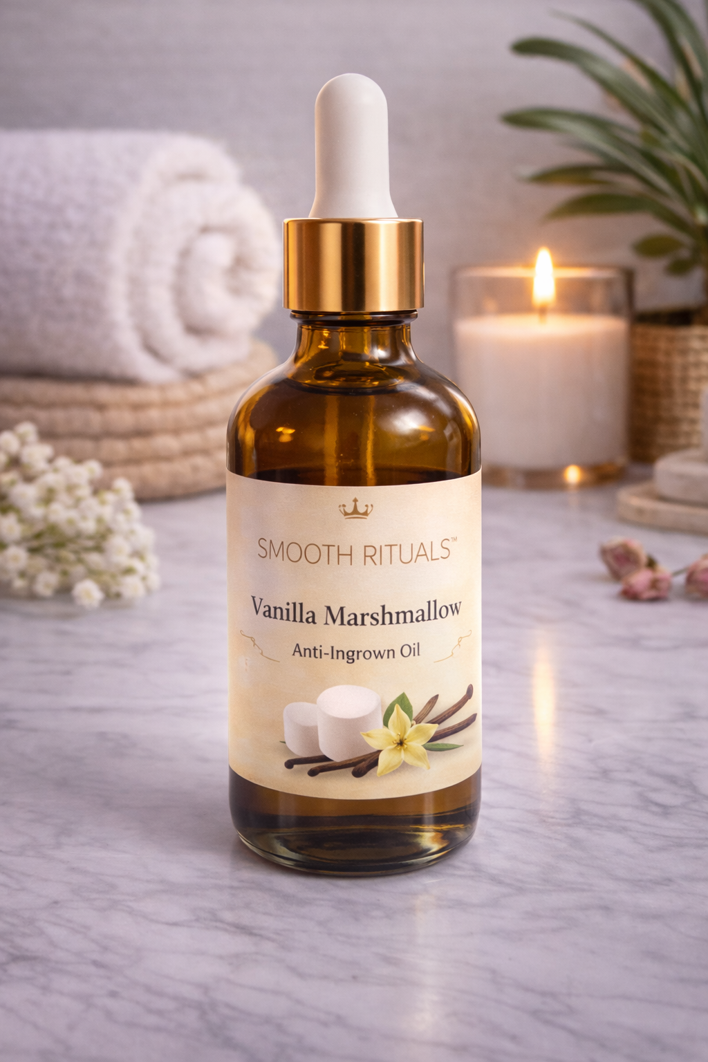vanilla marshmallow ingrown hair oil for bikini area and body to prevent razor bumps and soothe skin after waxing by Smooth Rituals